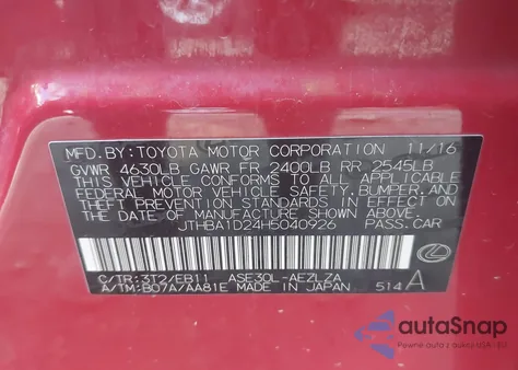 2017 Lexus Is 200T z USA, uszkodzony, nr VIN JTHBA1D24H5040926